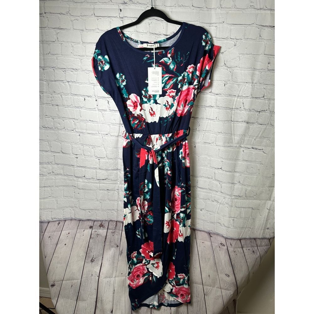 Yidarton Womens Floral Maxi Dress Navy Blue Pink Rose Wrap Tulip Hem Size M NEW